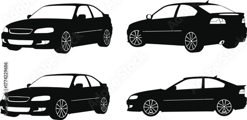 Car silhouettes vector illustration, vehicle front and rear side views, automobile outline icons, black minimal design, automotive transport artwork, abstract modern style