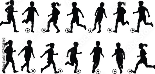 Children playing soccer silhouettes vector illustration, boys and girls kicking dribbling running with football, youth sports activity icons, black minimal design set