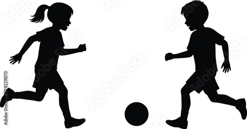Children silhouettes vector illustration, kids playing soccer running toward ball in active motion, black outline icons, childhood sports activity design, minimal abstract style