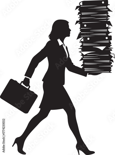 Silhouette of an Overworked Businesswoman Carrying a Large Stack of Documents and Briefcase, Symbolizing Heavy Workload, Office Administration, and Busy Professional Life