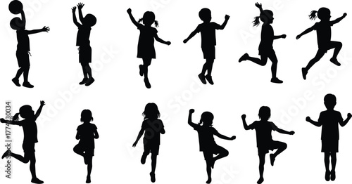 Children silhouettes vector illustration, kids running jumping dancing playing with ball in dynamic poses, black outline icons, childhood activity design, minimal abstract style