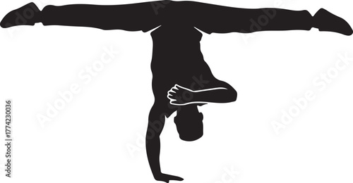 Dynamic Silhouette of a Person Performing a Handstand Split, Showcasing Athleticism, Balance, and Flexibility in an Acrobatic or Dance Pose.