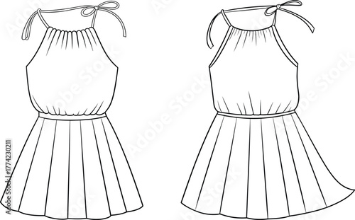 Sleeveless halter dress flat sketch, technical fashion drawing, apparel design template, front view, tie straps, fitted waist, pleated flared skirt illustration