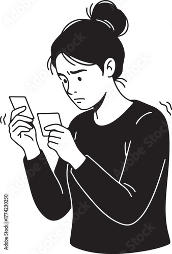  Anxious Woman Holding Cards - Black and white line art illustration depicting a distressed female feeling worried, stressed, or concerned while looking at small objects with trembling hands