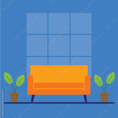 Modern living room interior illustration with orange sofa and plants