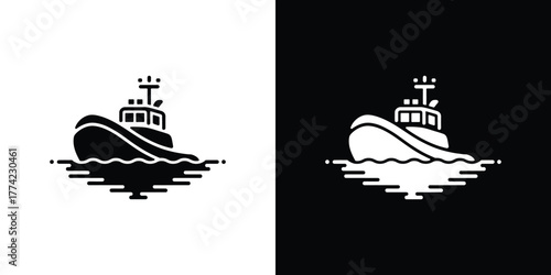 Tugboat Icon on Water Waves with Transparent Background Flat Design Style