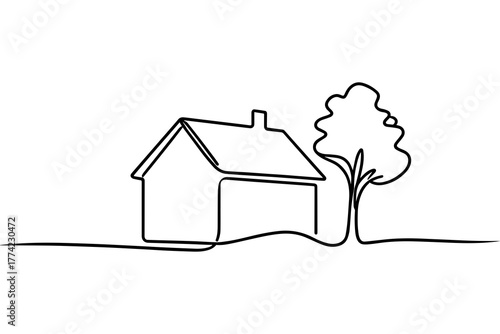 Minimal one line house illustration with tree for real estate concept and website background