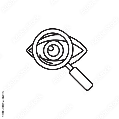 Magnifier with eye outline icon. Find icon, investigate concept symbol. Eye with magnifying glass. Appearance, aspect, look, view, creative vision icon
