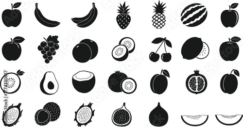 Fruit silhouettes vector illustration, apple banana strawberry pineapple watermelon peach grapes plum kiwi cherries lemon avocado coconut pomegranate mango fig, minimal black icons