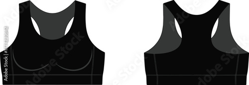 Sports bra flat sketch, technical fashion drawing, apparel design template, front and back view, racerback, molded cups, wide straps illustration