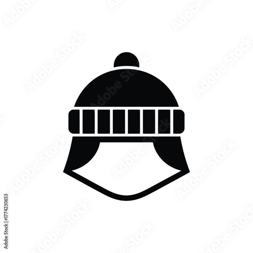 Black Winter Hat Icon with Ear Flaps and Pom Pom, Transparent Background