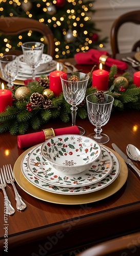Elegant Christmas Table Setting with Festive Decorations and Warm Candlelight.