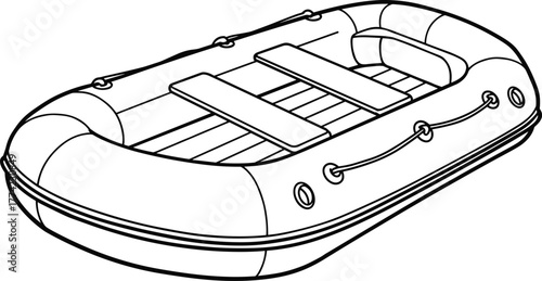 Inflatable boat vector illustration, rubber dinghy raft outline, watercraft equipment design, black line drawing, outdoor adventure icon, minimal nautical style