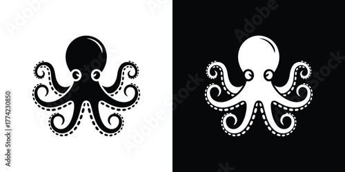 Isolated Octopus Icon Silhouette with Curled Tentacles on Split Background