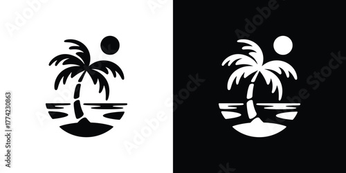 Isolated Palm Tree Silhouette on Tropical Island with Sun, on Transparent Background