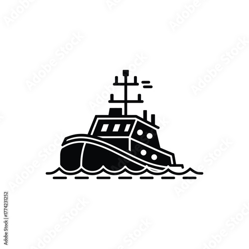 Simple Black Tugboat Icon on Water with Waves Isolated on Transparent Background