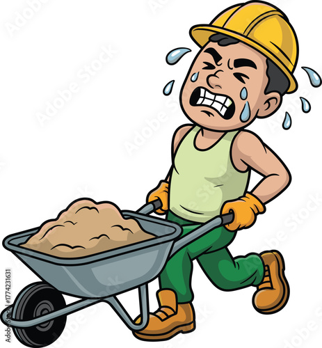 Hardworking construction labor man pushing heavy wheelbarrow full of sand, sweating worker illustration showing effort, strength, and determination concept