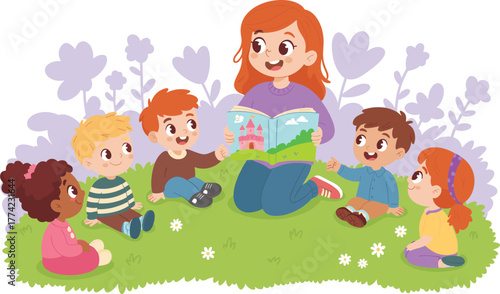 Smiling teacher reading storybook to happy group of children sitting on grass, outdoor education concept illustration for kids learning