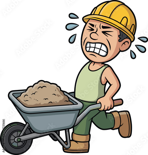 Tired construction worker pushing heavy wheelbarrow full of sand, cartoon labor man sweating hard, builder illustration for work concept