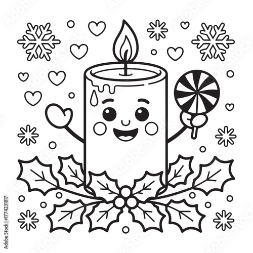 cute candle with holly bold & easy cute christmas coloring page, Whimsical Gingerbread House Coloring Pages for Kids & Adults, Christmas Coloring Pages, bold & easy cozy winter coloring book pages, 
