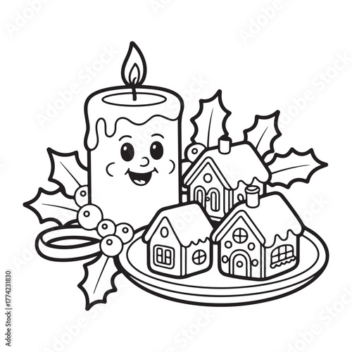 cute candle with holly bold & easy cute christmas coloring page, Whimsical Gingerbread House Coloring Pages for Kids & Adults, Christmas Coloring Pages, bold & easy cozy winter coloring book pages, 