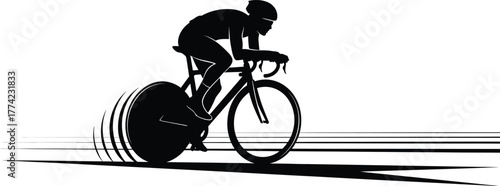 Silhouette of a cyclist riding a bicycle at high speed, showcasing the dynamism and energy of the sport isolated on white background