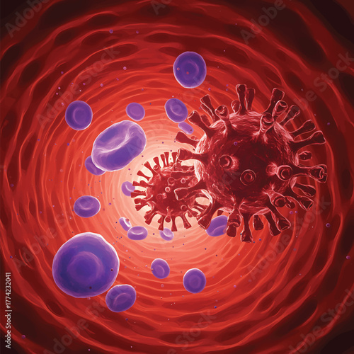 Illustration of viruses and blood cells flowing through a blood vessel with a dark red gradient background