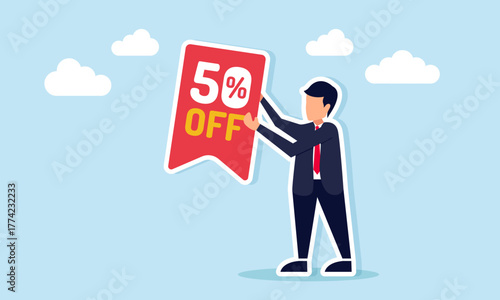 Businessman holding a label icon with fifty percent off text illustration of marketing strategy using discount promotion