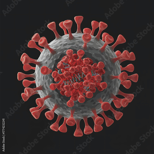 Highly detailed illustration of a coronavirus molecule with red spikes on a dark background.