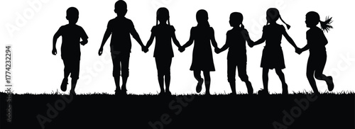 Silhouette of children holding hands and running together, isolated on white background a group of kids enjoying friendship and playing outdoors