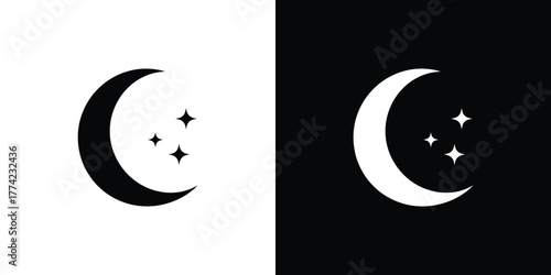 Crescent Moon and Stars Icon, Celestial Moon Shape with Three Star Shapes in Night Sky