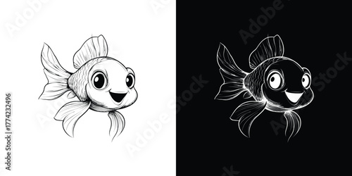 Cute Cartoon Fish Smiling Hand Drawn on White and Black Backgrounds, Line Art