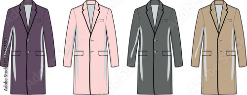 Collection of men's elegant long-sleeve trench coats in various colors, showcasing modern classic design fashion illustrations for seasonal apparel concepts and style variations