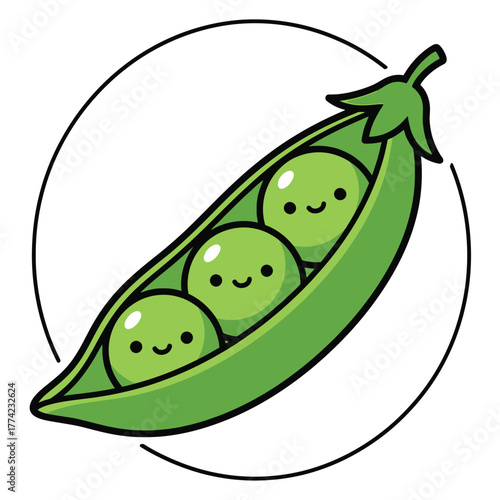 Cute cartoon peas in a pod with happy faces.