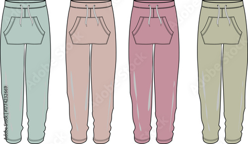 Four comfortable sweatpants flat sketches in muted and pastel colors. Elastic waistbands, drawstrings, side pockets, ideal for loungewear and apparel design