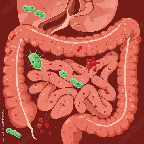 Illustration of the human digestive system with green bacteria and red blood cells in the intestines.