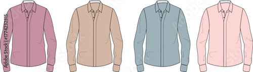 Set of classic women's long-sleeve button-down shirts in various colors. Fashion apparel technical flat sketch template for design
