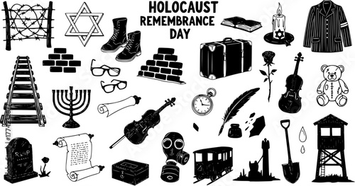 Holocaust Remembrance Day Vector Set: Star of David, Barbed Wire, Train Tracks, Menorah, Camp Uniform, Suitcase, Candle, Violin, Boots, Gas Mask, Watchtower, Tombstone Illustrations.