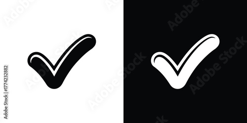 Hand Drawn Style Tick Icon, Isolated Check Mark Symbol, Black and White Silhouette
