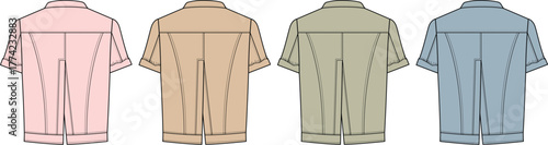 Fashion design sketch of four short-sleeved collared shirts in pastel colors on a white background