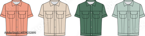 Technical flat fashion illustrations of short-sleeved casual shirts. Four designs with front pockets, presented in muted colors for apparel design concepts