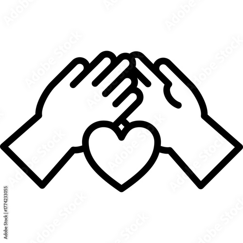 Unite Line Icon – Hands Holding Heart Symbol Representing Unity, Love, Support, and Togetherness Concept