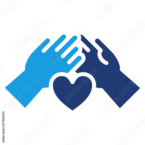 Unite Glyph Blue Icon – Blue Solid Hands with Heart Symbol Representing Teamwork, Unity, and Social Support
