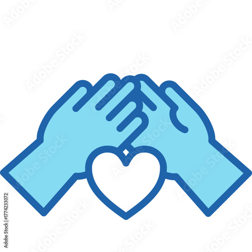 Unite Lineal Blue Icon – Blue Outline Hands with Heart Representing Support, Teamwork, and Togetherness in Community