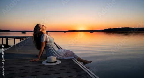Serene Sunset - Woman Enjoying Tranquility on Lakeside Dock.