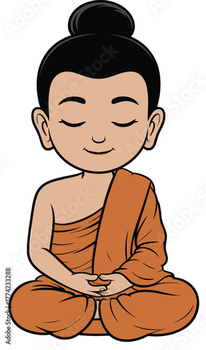 Cute cartoon little monk meditating peacefully in lotus position with orange robe, mindfulness and calm illustration for spiritual concept design