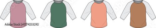 Set of colorful raglan long sleeve shirt templates in vector format. Mockup collection of baseball style t-shirts for apparel design, fashion branding, and casual wear concepts