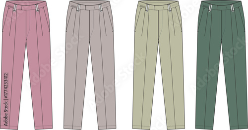 Collection of four pairs of tailored trousers in varying pastel shades of pink, beige, light green, and dark green, presented on a white background