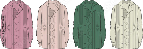 Four colored knitted cardigan sweaters in different shades, a fashion design illustration
