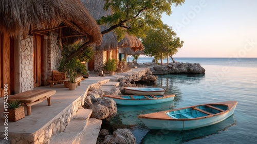 Traditional wooden boats with turquoise hulls gently float on crystal clear tropical water beside a stone building with a thatched roof and a wooden bench during golden hour.